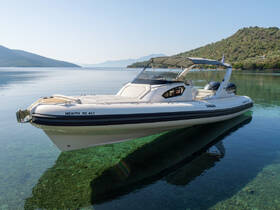 A sleek speedboat docked in crystal-clear waters, surrounded by lush hills — perfect for exploring coastal destinations.