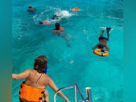 A lively group enjoys snorkeling in crystal-clear waters, showcasing the excitement of underwater exploration and fun in the sun.