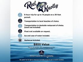 Promotional flyer for 'Reel Knotty' boat charters, detailing an 8-hour trip for up to 10 people, including amenities like barbecue, ice, and transportation to local beaches and restaurants.