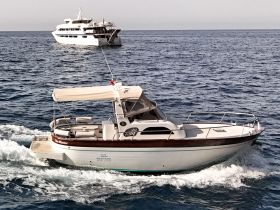 A sleek speedboat named 'The Master' navigates the open waters, showcasing its elegant design and cruising capabilities.