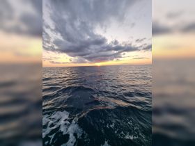 A breathtaking sunset over the ocean, with vibrant colors reflecting on the water's surface — a perfect moment for serene evening cruises.