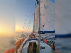 A lively group enjoys a sunset sailing experience, with guests relaxing on deck and celebrating the beautiful evening on the water.