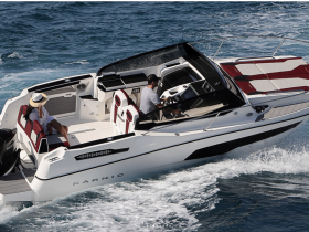 A couple enjoys a thrilling ride on a sleek boat, showcasing the excitement of being on the water. Perfect for adventure seekers and boating enthusiasts.