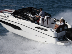 A stylish speedboat in motion with a captain at the helm and a passenger enjoying the ride — perfect for thrilling water adventures.
