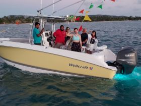 A lively group enjoys a fun moment aboard a Wellcraft boat, showcasing the joy of boating adventures with friends.