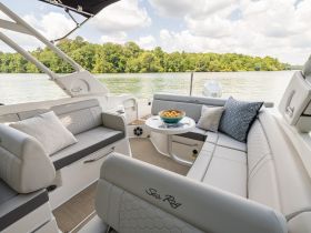 A beautifully designed interior of a Sea Ray boat featuring comfortable seating and a stylish lounge area, perfect for relaxing on the water.