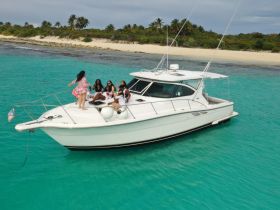 A lively group enjoys a celebration aboard a yacht, complete with drinks and laughter against a stunning turquoise backdrop — perfect for unforgettable party experiences on the water.