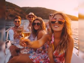 A joyful group toasts with cocktails on a boat at sunset, capturing the essence of celebration and camaraderie on the water.