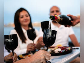 Guests enjoy a toast with cocktails aboard a luxury charter, celebrating with gourmet food and stunning views — perfect for memorable gatherings on the water.
