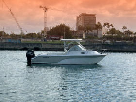 A sleek speedboat is docked in calm waters, showcasing its elegant design against a backdrop of urban construction and palm trees.