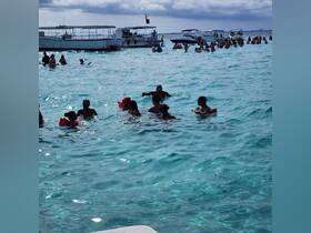 A lively group enjoys swimming in the crystal-clear waters, wearing life jackets for safety — a perfect day for water activities and fun in the sun.