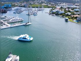 Aerial view of a yacht cruising through a marina, surrounded by various boats and lush greenery, showcasing the vibrant boating lifestyle.