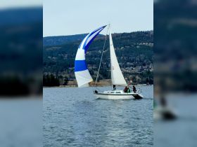 A sailboat gracefully navigates the waters with a colorful spinnaker, showcasing the thrill of sailing amidst beautiful scenery.