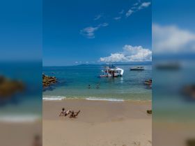 Guests enjoy a sunny day at the beach, with a boat anchored nearby and people swimming in the clear waters — a perfect sandbar stop for fun and relaxation.