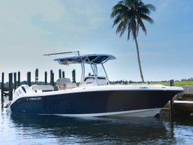 A sleek Century speedboat docked in calm waters, showcasing its modern design and features, perfect for a day of adventure on the water.