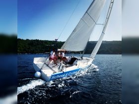 A group of sailors enjoy a vibrant day on the water aboard a sleek sailboat, showcasing the thrill of sailing and the beauty of the open sea.