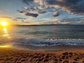 A stunning sunset casts golden hues over the tranquil waters and sandy beach, creating a picturesque coastal scene perfect for relaxation and reflection.