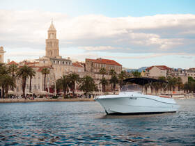 A sleek speedboat glides through the waters near a picturesque waterfront, showcasing the charming architecture and palm trees of the coastal town.
