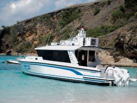 A sleek yacht named 'Raffles One' docked in crystal-clear waters, showcasing its elegant design against a scenic backdrop of rocky cliffs.