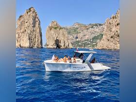 A lively group enjoys a day on the water near the iconic cliffs of Capri, perfect for celebrations and summer fun.