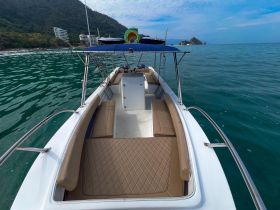 Interior view of a spacious boat featuring comfortable seating and a helm, perfect for enjoying a day on the water.