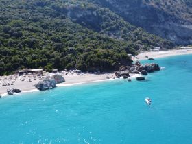 A stunning aerial view of a serene beach with turquoise waters and a boat cruising along the coastline, perfect for showcasing beautiful destinations and summer getaways.