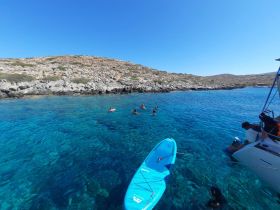 A lively group enjoys swimming in crystal-clear waters, showcasing the beauty of a perfect day on the water — ideal for snorkeling adventures.