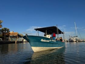A small boat named 'Sphyrna' is docked at a marina with people onboard, showcasing a vibrant day on the water.