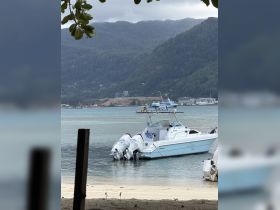 A sleek speedboat docked in calm waters, surrounded by lush mountains, showcasing the perfect setting for a day on the water.
