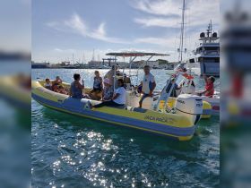 A lively group enjoys a day out on the water aboard the Jaca Paca, showcasing family fun and adventure in a vibrant harbor setting.