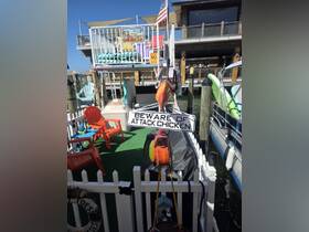 A whimsical sign warning of 'attack chickens' adds a fun touch to the dock area, surrounded by colorful seating and boating amenities.