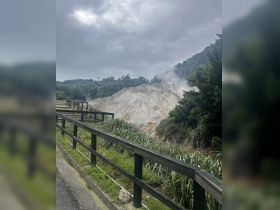 A view of a geothermal area with steam rising from the ground, surrounded by greenery and a wooden fence, showcasing the natural beauty of the landscape.