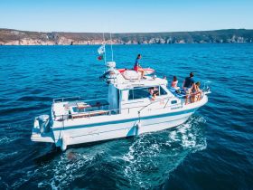 A lively group enjoys a day on the water aboard the ADAMASTOR, showcasing the perfect blend of fun and adventure in a beautiful coastal setting.
