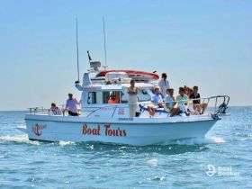 A lively group enjoys a boat tour on the water, showcasing the fun and excitement of exploring the sea with friends.