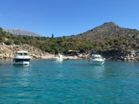 A serene view of multiple boats anchored in clear turquoise waters, surrounded by lush greenery and rocky shores, perfect for exploring hidden coves.