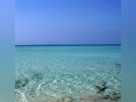 A serene view of clear turquoise waters under a blue sky, ideal for showcasing beautiful coastal destinations.
