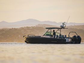 A man navigates a sleek boat during a serene sunset, showcasing the beauty of on-water experiences.