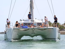 A lively group enjoys a day on a catamaran, soaking up the sun and relaxing on deck — perfect for social gatherings and fun on the water.