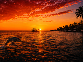 A stunning sunset captures a dolphin leaping out of the water, with a boat silhouetted against the vibrant sky — a breathtaking moment in nature.