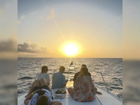 A group enjoys a picturesque sunset while dining on the deck of a boat, creating a perfect atmosphere for memorable celebrations on the water.