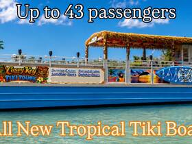A vibrant tiki boat ready for tours, showcasing its colorful design and capacity for up to 43 passengers — perfect for sunset cruises and sandbar adventures.