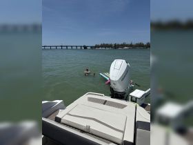 Guests enjoy a sunny day on the water, swimming and paddleboarding near their boat, creating a perfect backdrop for summer fun.