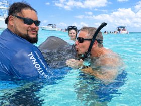 A thrilling encounter as a man kisses a stingray while another participant looks on, showcasing the unique wildlife experiences available in the crystal-clear waters.