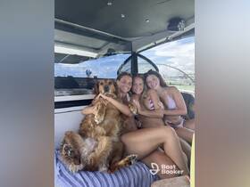 A joyful group of friends relaxes on a boat with their golden retriever, capturing a perfect moment of fun and companionship on the water.