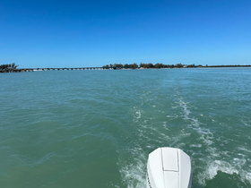 A scenic view from the back of a boat cruising through calm waters, showcasing the tranquil surroundings and a distant pier.