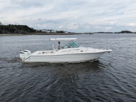 A sleek speedboat navigates through calm waters, showcasing its design and performance. Ideal for fishing trips or leisurely cruises.