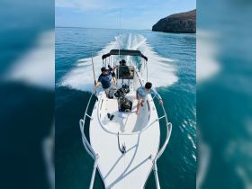 A group of friends enjoys a fishing trip on a boat, navigating through clear blue waters — perfect for adventure seekers and fishing enthusiasts.
