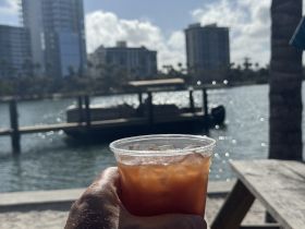 A refreshing cocktail enjoyed by the water, with a scenic backdrop of buildings and a boat dock — perfect for relaxing moments during a day on the water.