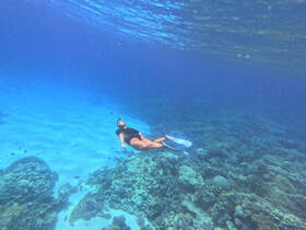 A snorkeler glides gracefully over vibrant coral reefs in crystal-clear waters, showcasing the beauty of underwater exploration.