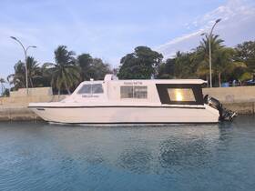 A sleek boat named 'NIHAAL Express' docked in calm waters, surrounded by palm trees, showcasing its elegant design and perfect for leisurely outings.